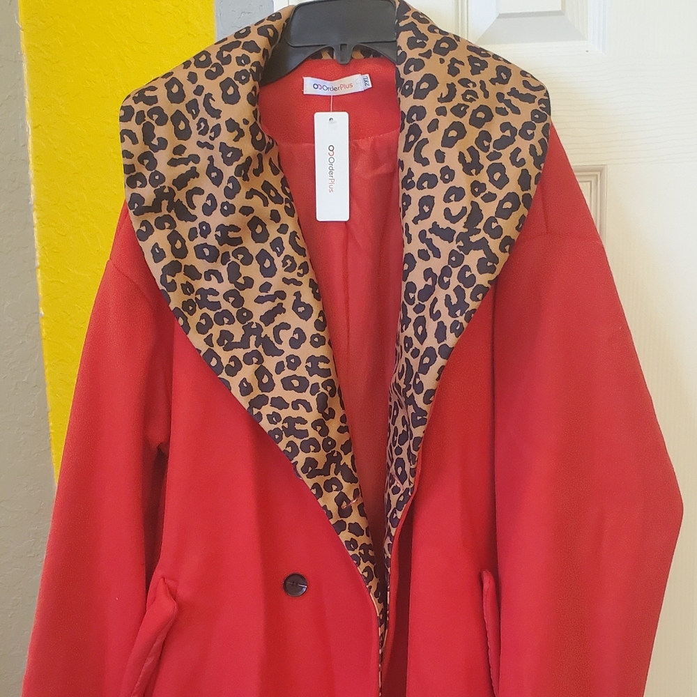 Red with leopard print thigh length trench coat